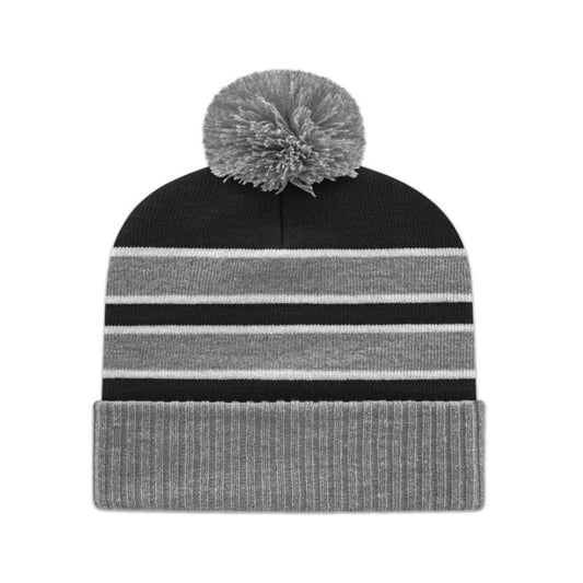 Cap America - Double Stripe Knit Cap with Ribbed Cuff - Heather/Black/White