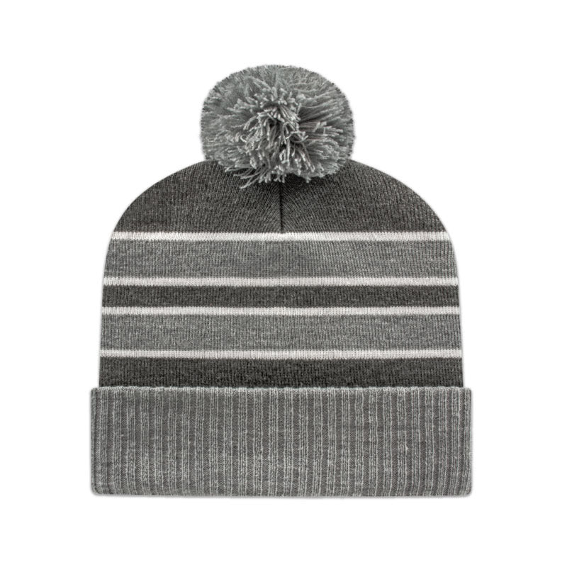 Cap America - Double Stripe Knit Cap with Ribbed Cuff - Heather/Dark Heather/White