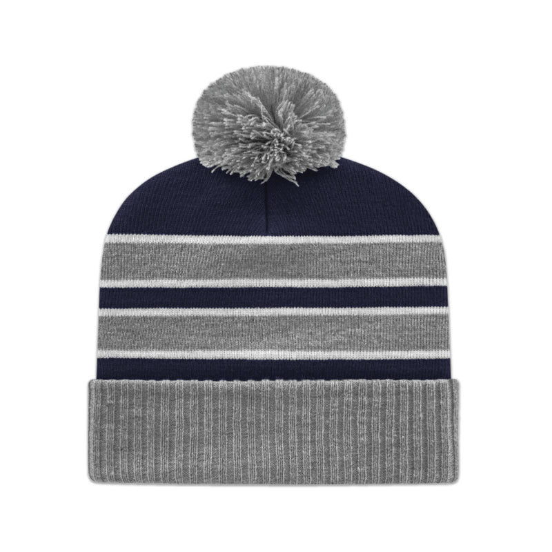Cap America - Double Stripe Knit Cap with Ribbed Cuff - Heather/Navy/White