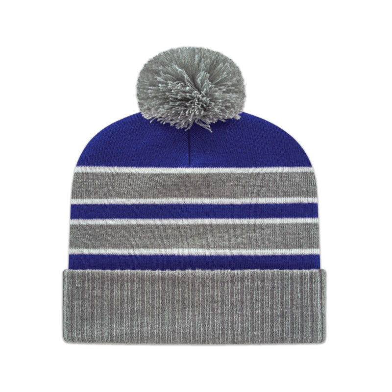 Cap America - Double Stripe Knit Cap with Ribbed Cuff - Heather/Royal/White