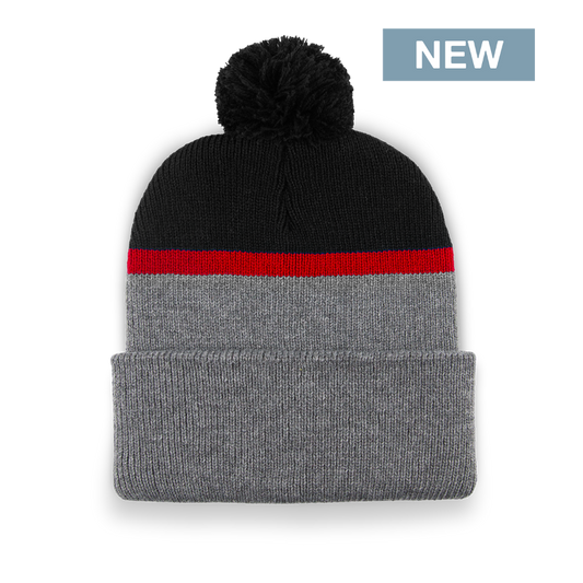 Division - Traditional Split Cuff Toque with Pom - Dark Heather/Black/Red