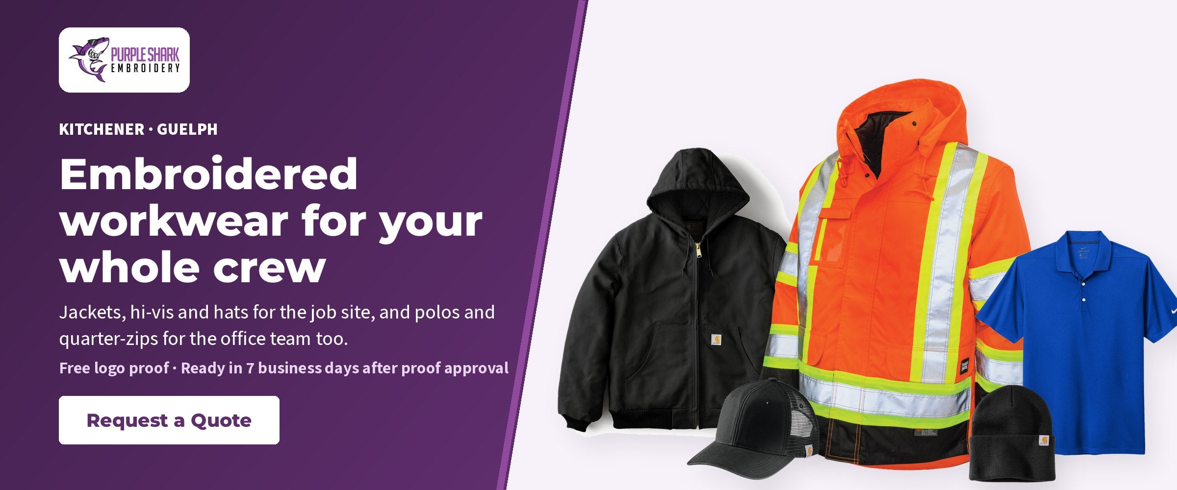 Embroidered workwear for your whole crew. Jackets, hi-vis and hats for the job site, and polos and quarter-zips for the office team too. Free logo proof. Ready in 7 business days after proof approval. Request a Quote.